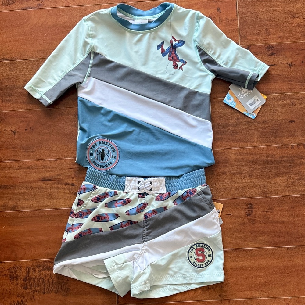 Disney Spider-Man Kids Swim Rashguard Set - Blue, Gray, and White